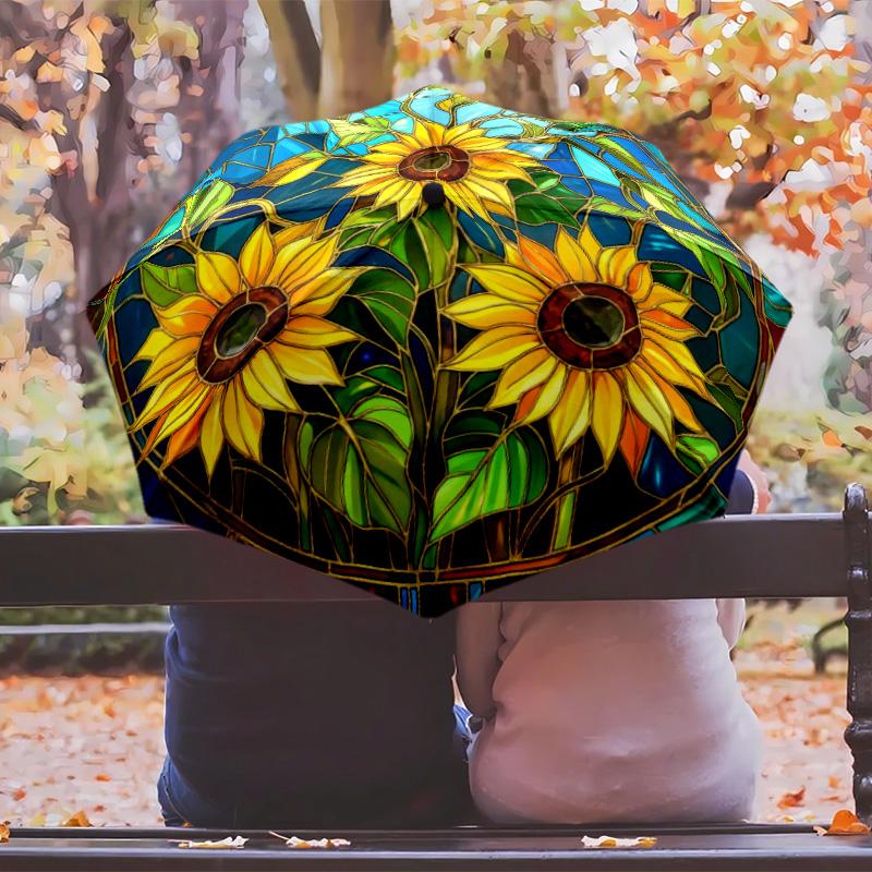 Retro Sunflowers Printed Umbrella Windproof Folding Umbrella Portable Sun and Rain Umbrella Suitable for Gifting