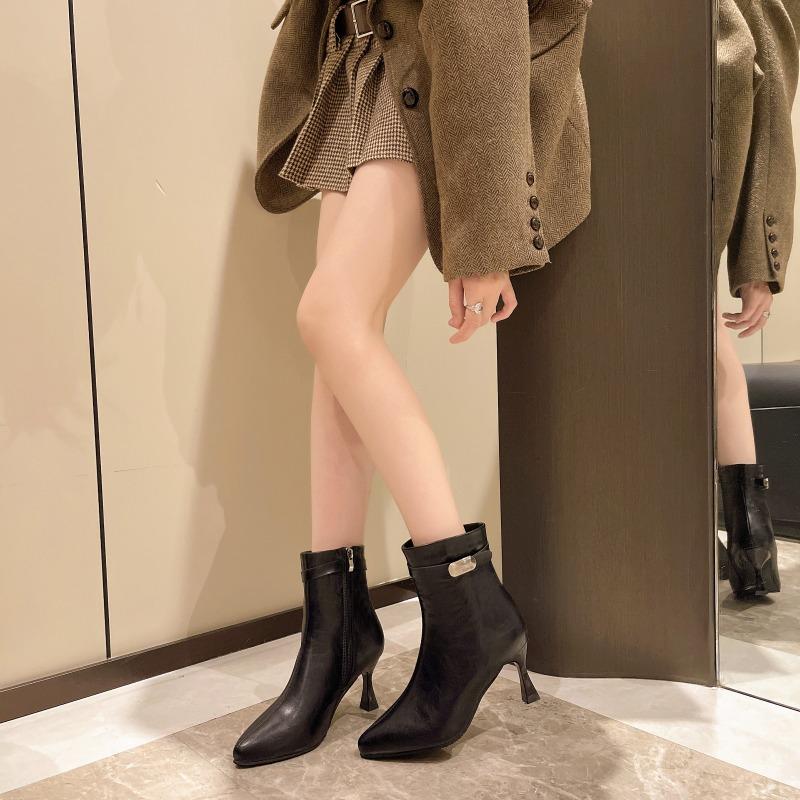 Women's Fashion Thin Heel Shoes Autumn New Pointed Suede Side Zipper Soft Sole Anti-slip Wear-resistant Short Tube Shoes