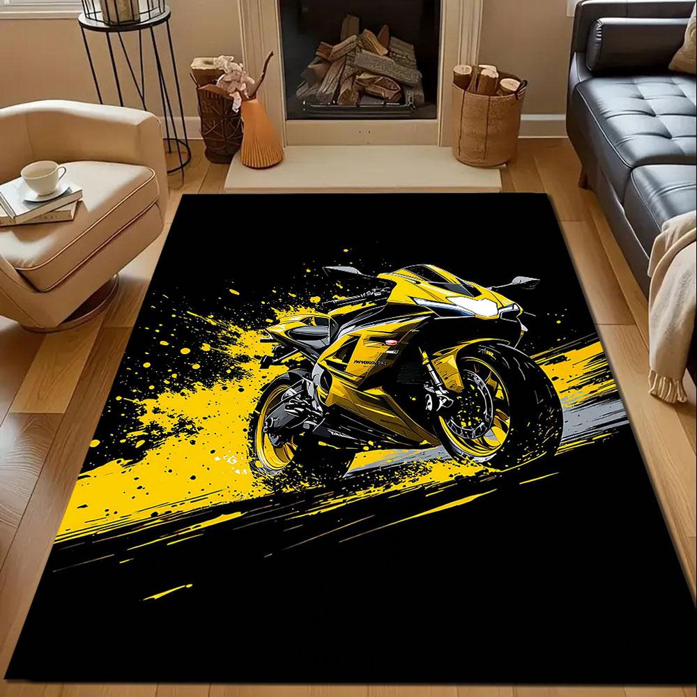 Yellow Sport Bike with Splatter Art Style Patterned carpet, non slip mat suitable for living room and bedroom sofas