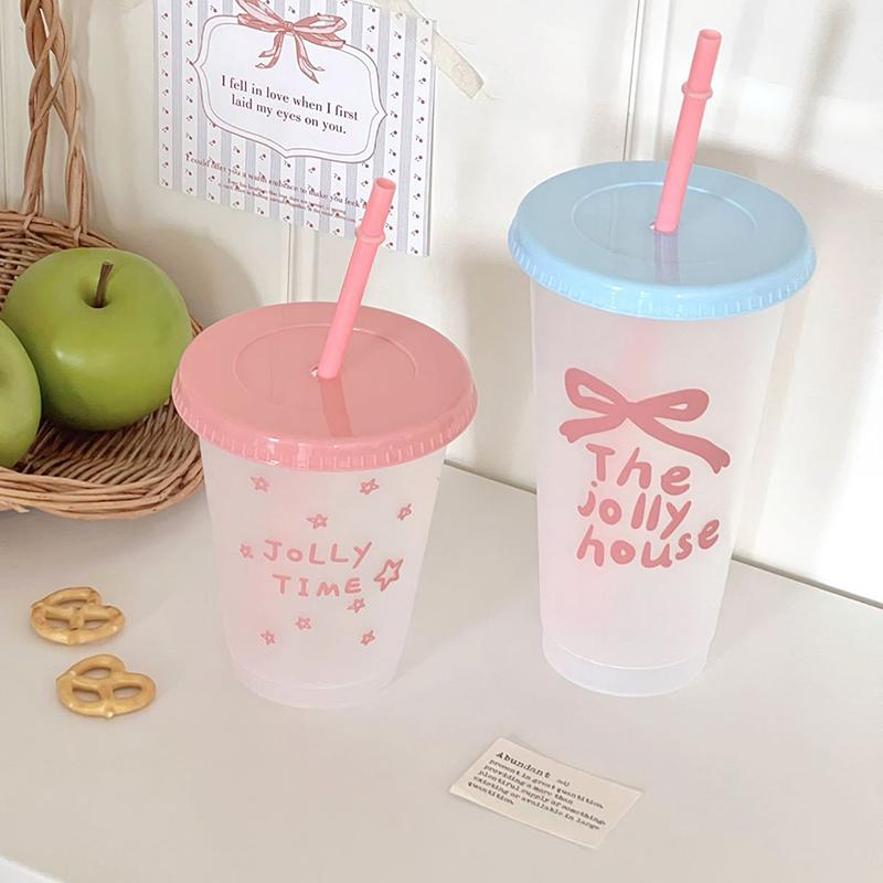 1Pc Ins Portable Reusable Drinking Bottle Kawaii Water Bottle For Coffee Juice Milk Tea Cute Plastic Cold Cups With Straw Lid