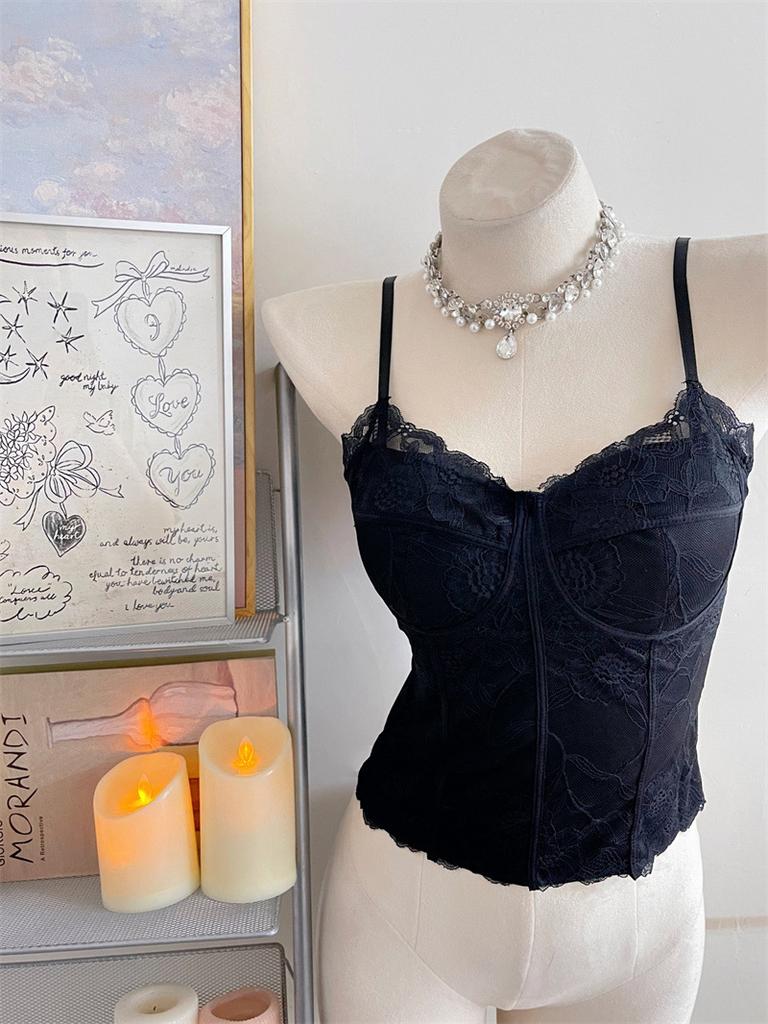 Women's Fleece Lined Lace Camisole Corset Top Built In Padded Bra Slim Spaghetti Strap Warm Fall Tank Top