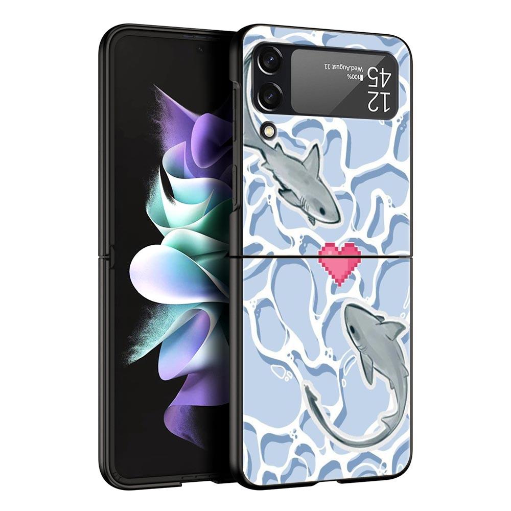 Seaside Sharks Pattern Hard PC Phone Case For Samsung Galaxy Z Flip 7 6 5 4 Black Cover For Galaxy Z Flip 3 Foldable Shell Capas