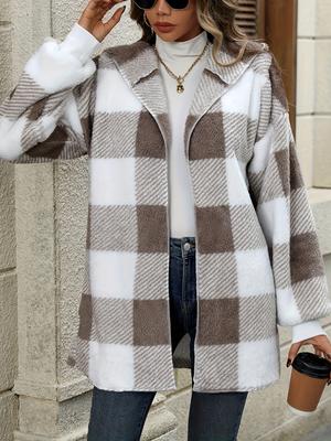 Women's Long Fleece Sweater New Style European and American Jacket Loose Plaid Wool Cardigan Fashion