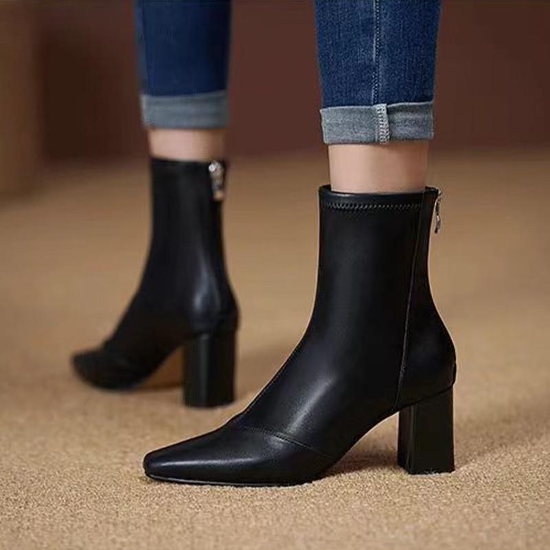 Spring and Autumn New Women's Boots Pointed Short Boots Women's High Heel Thick Heel Soft Leather Rear Zipper Fleece Thin Boots