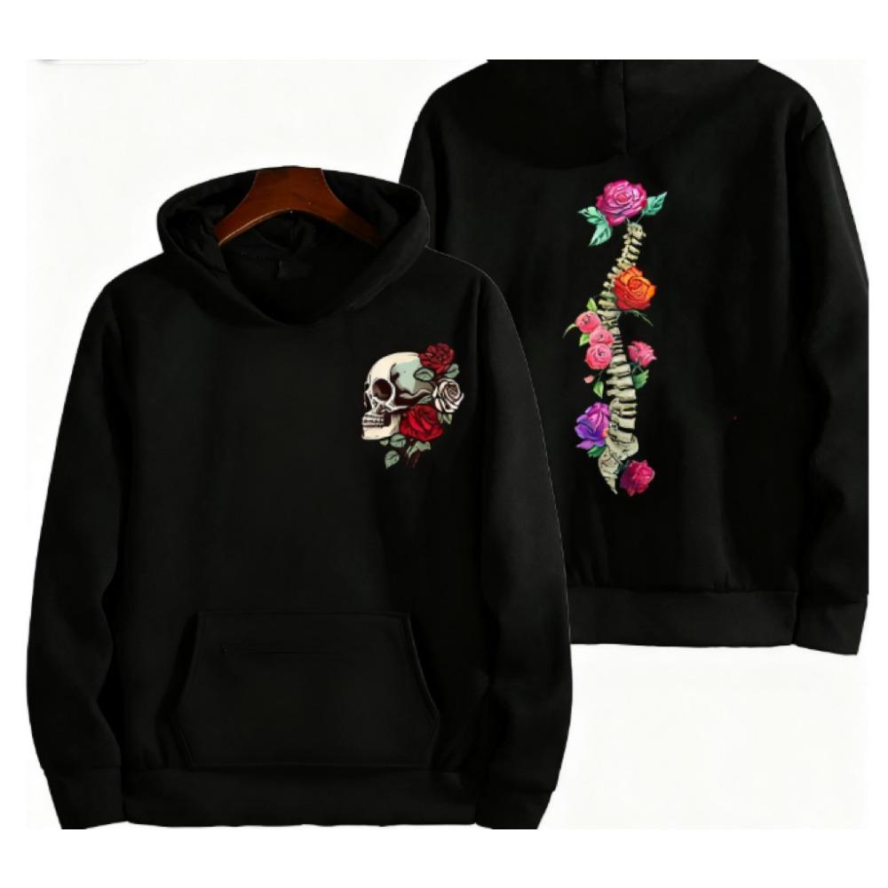 Men's Casual Hoodie Autumn/winter Gothic Skull with Rose Spine Dark Aesthetic Sportswear