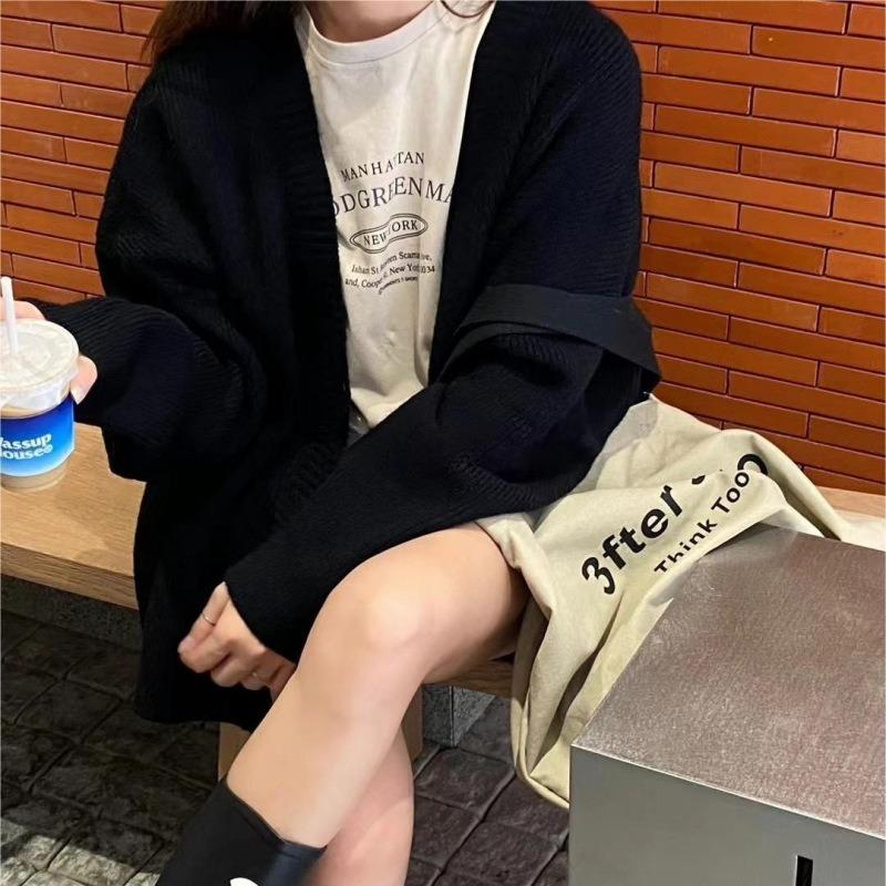 Autumn and winter V-neck loose soft waxy solid color knitted cardigan sweater casual versatile lazy style design women's coat
