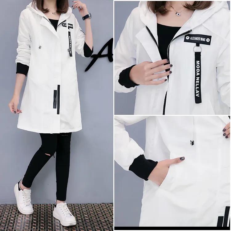 Damen Frühling und Herbst Mittellanger Windbreaker mit Kapuze Student Letters Loose Baseballanzug