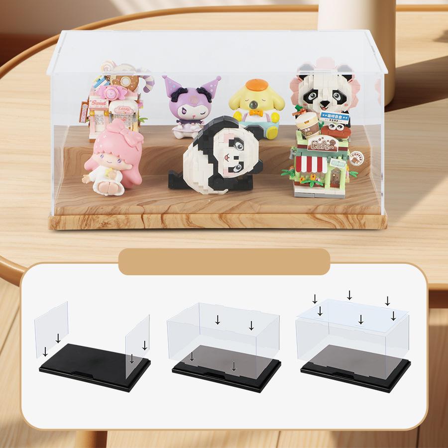 Dustproof Clear Acrylic Display Case with Wood Base Stackable Storage Box for Mini Action Figures Building Blocks Car Models Col