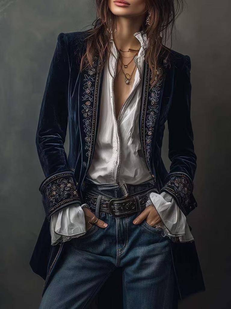 Women's Long Sleeve Solid Color Patchwork Lace Golden Velvet Coat