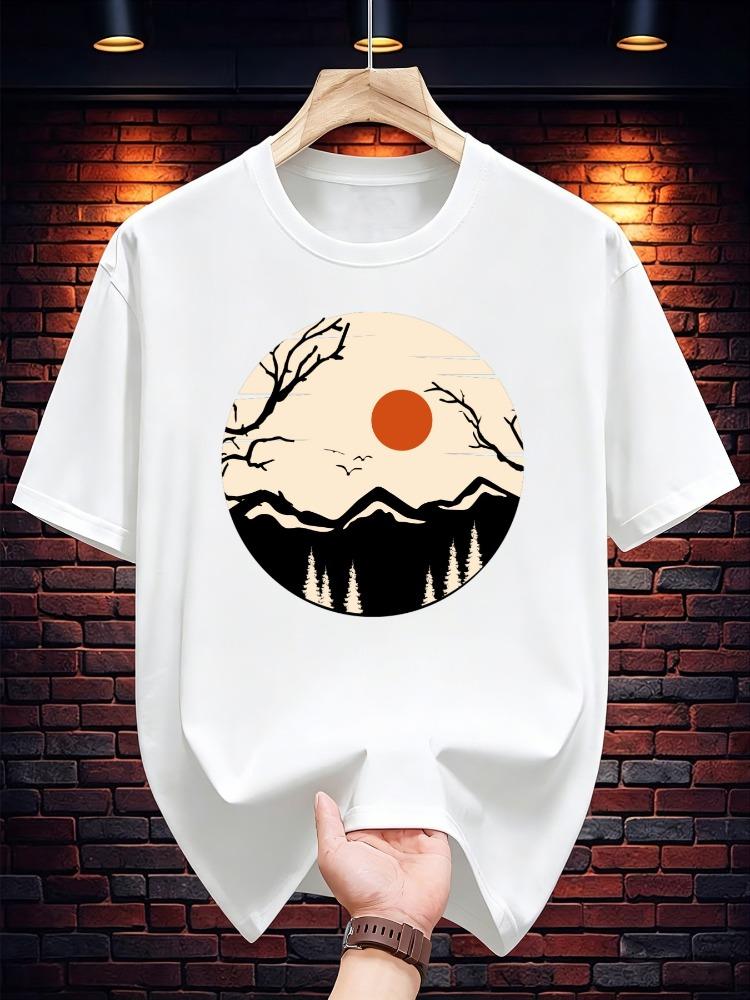 Unisexs Summer Crew Neck T Shirt Minimalist Mountain Sunset Forest Graphic Tee Casual Loose Fashion Top Outdoor Hiking Daily Wear
