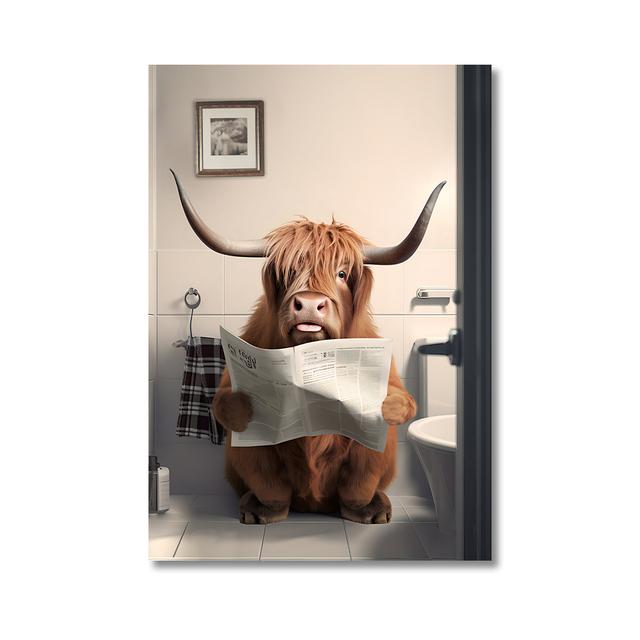 Funny Highland Cow On Toilet Wall Art Poster Prints Rustic Farmhouse Style Canvas Painting Picture for Bathroom Room Home Decor