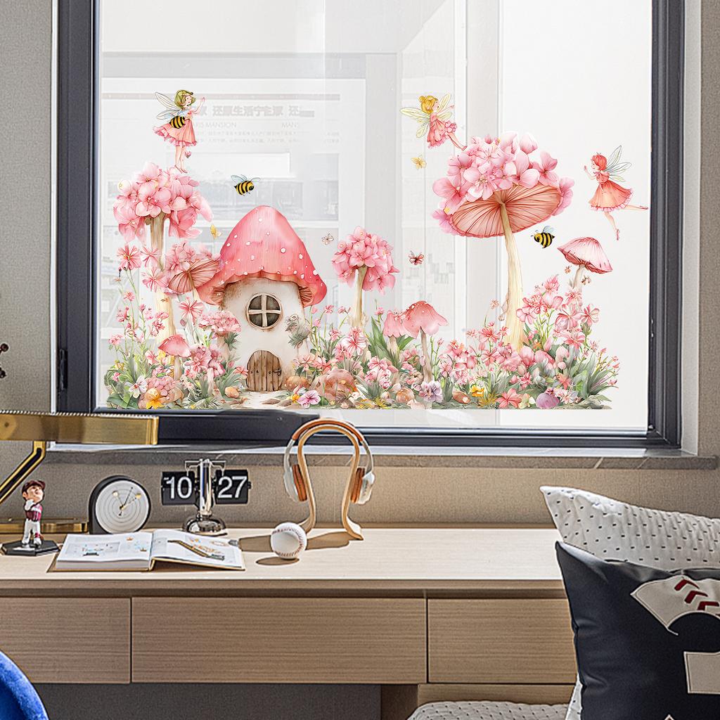 Static Cling Window Film Fairy Mushroom House with Girl In Flowers Double Sided View Decorative Window Sticker