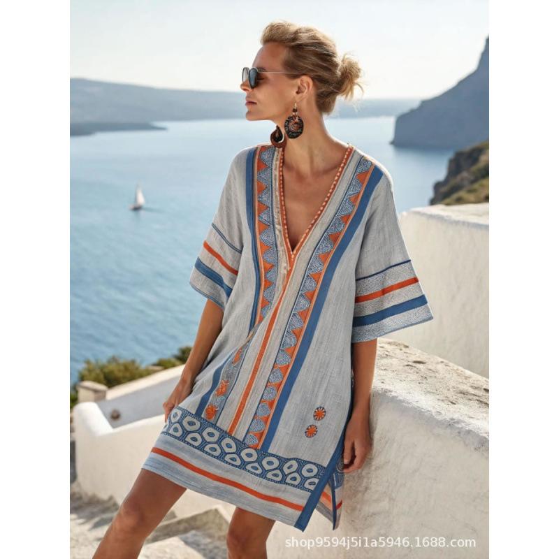 2026 women's V-neck dress seaside vacation 3D printing loose skirt beach
