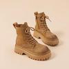 Thick Soled British Style Women's Boots with Soft Leather and Plush Ankle Boots, Fashionable Height Increasing Motorcycle Boots