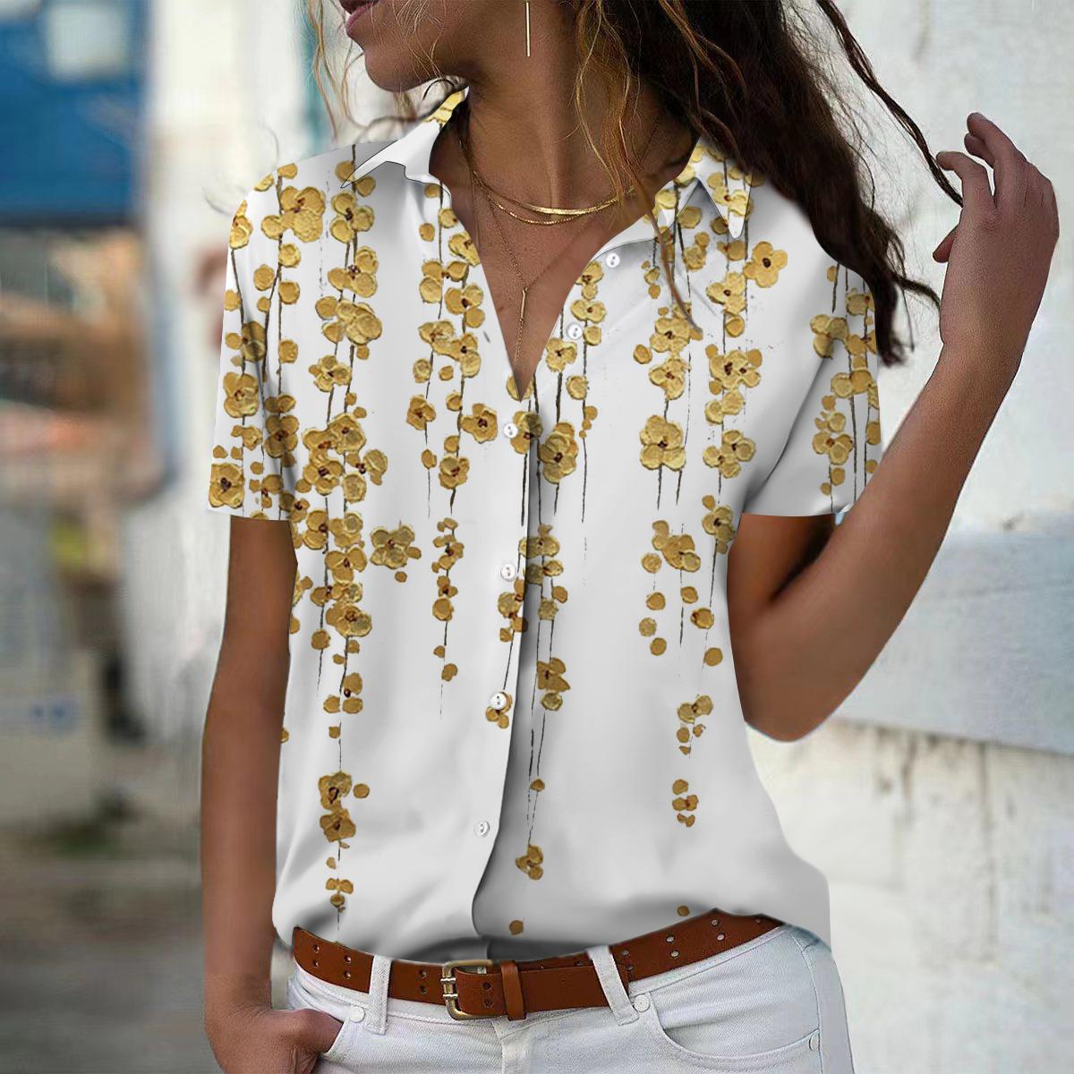 

2025 Summer New Fashion Women s Flower Printed Short Sleeve V-neck Casual Button-down Shirt Top 8XL жовтий