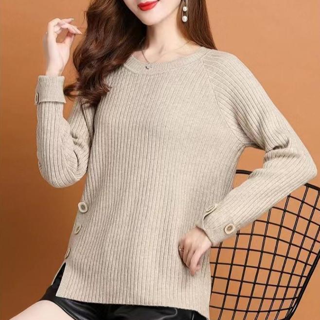 Fall/Winter Women's Crewneck Sweater Loose Slit Knitwear Pullover Solid Color Stretch Knit Top