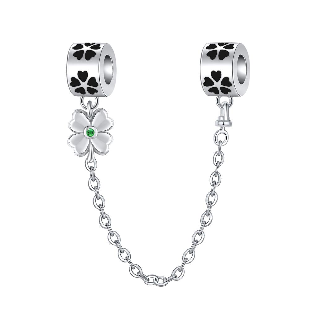 925 Silver Safety Chain Charm Bracelet Set Clover Lock Key Bear Peace Dove Fruit Decoration Beaded Fine Jewelry Gift