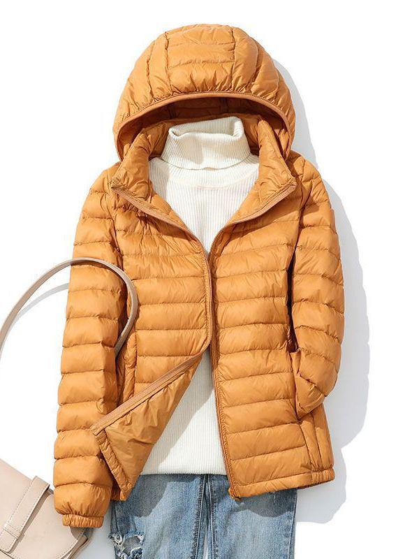 Jachetă scurtă cu glugă pentru femei - 90% puf de rață albă, ușoară, mărime plus, glugă detașabilă, stil toamnă/iarnă.