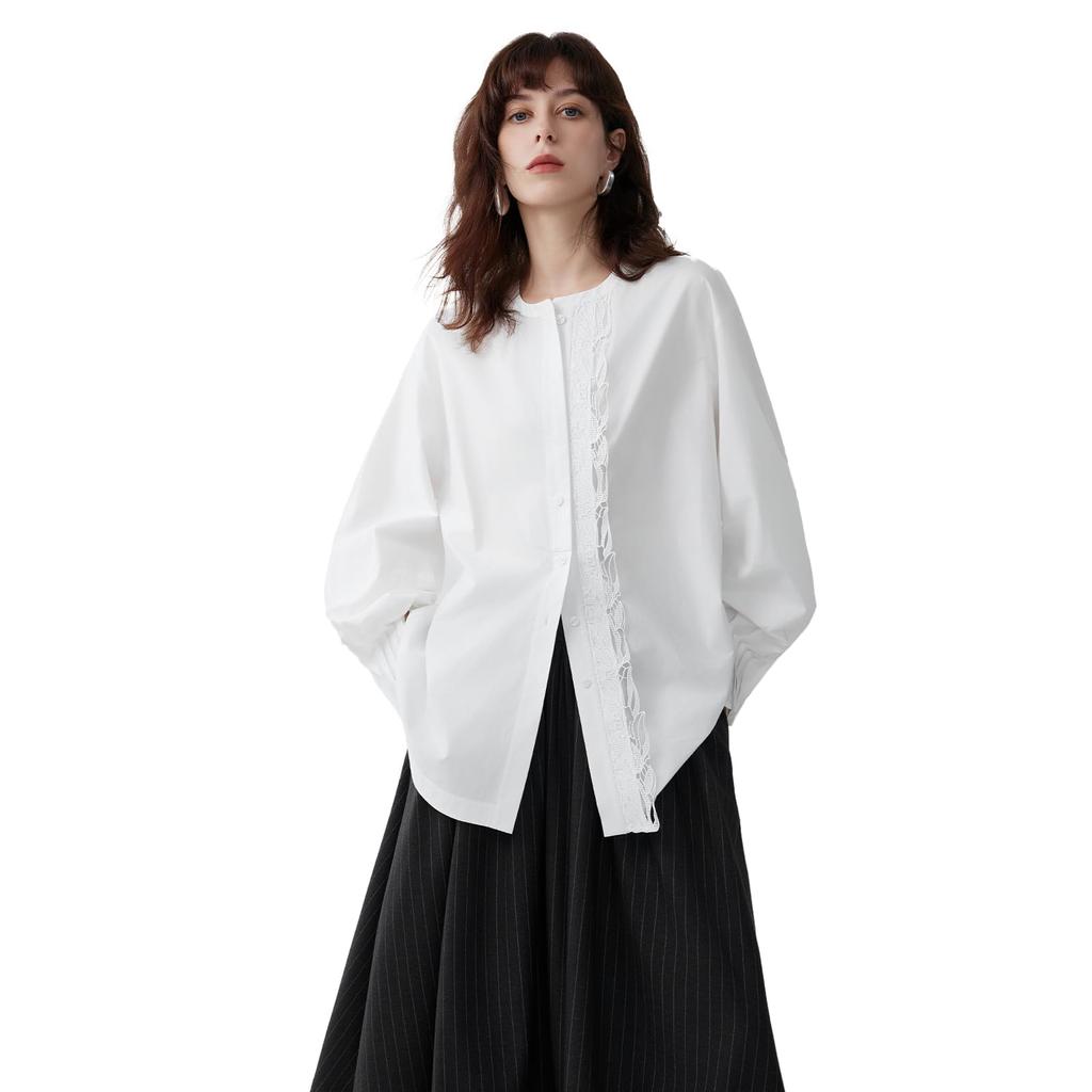 [ELLE] Women's Blouse, 100% Cotton, Lace Placket, Raglan Sleeves, Pleated Sleeves, White, Long Sleeves, Elegant, Stylish, Sizes S, M, L