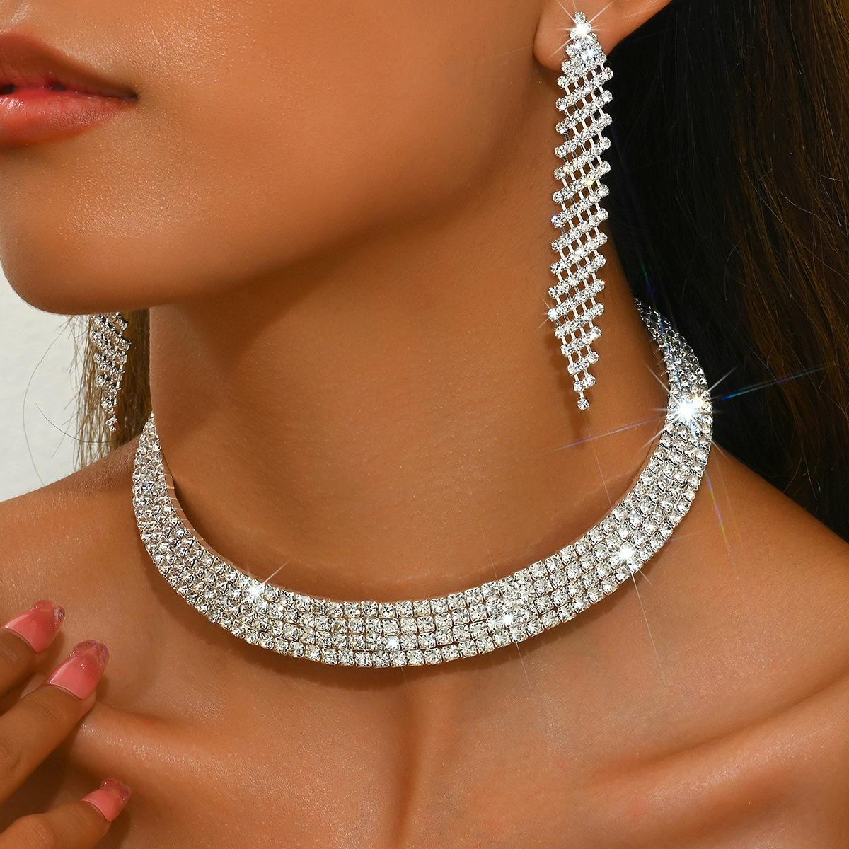 

Jewelry Multi-row Rhinestone Necklace Tassel Earrings Bracelet Elastic Ring Bridal Set Dress Accessories