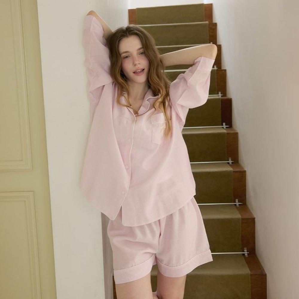 Lunaluz Women Bridget Rayon Blend Collar Short Sleeve Two Piece Pajamas Pink/FREE