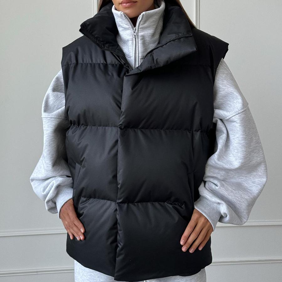 

Женский зимний стеганый свободный пуховик, легкий на молнии с воротником-стойкой, утепленный пуховик без рукавов, пальто с карманами, теплая верхняя одежда для женщин L чёрный