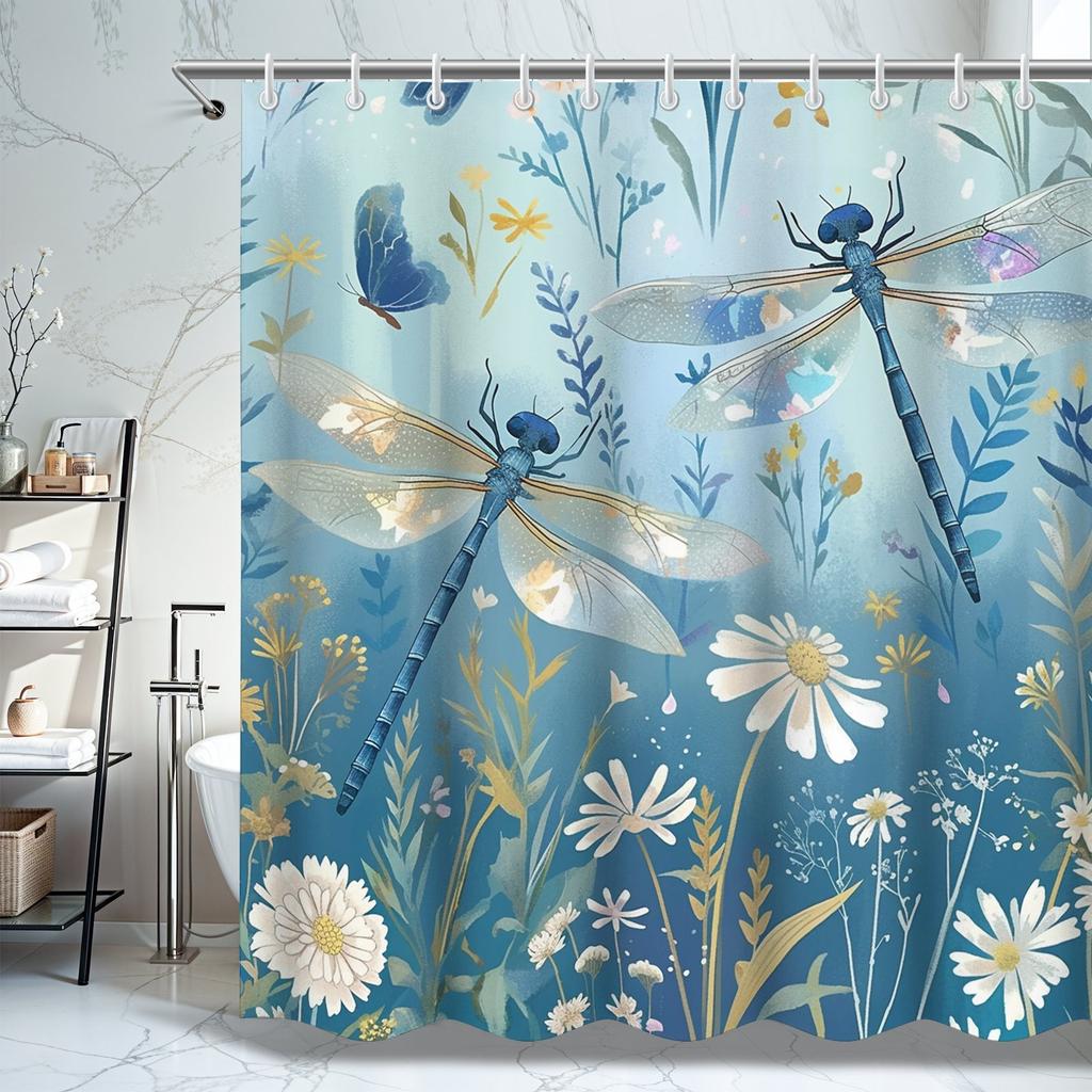 Dragonfly & Floral Shower Curtain-Durable Polyester,Artistic All-Season Design,Easy Install Hooks,Nature-Inspired Bathroom Decor