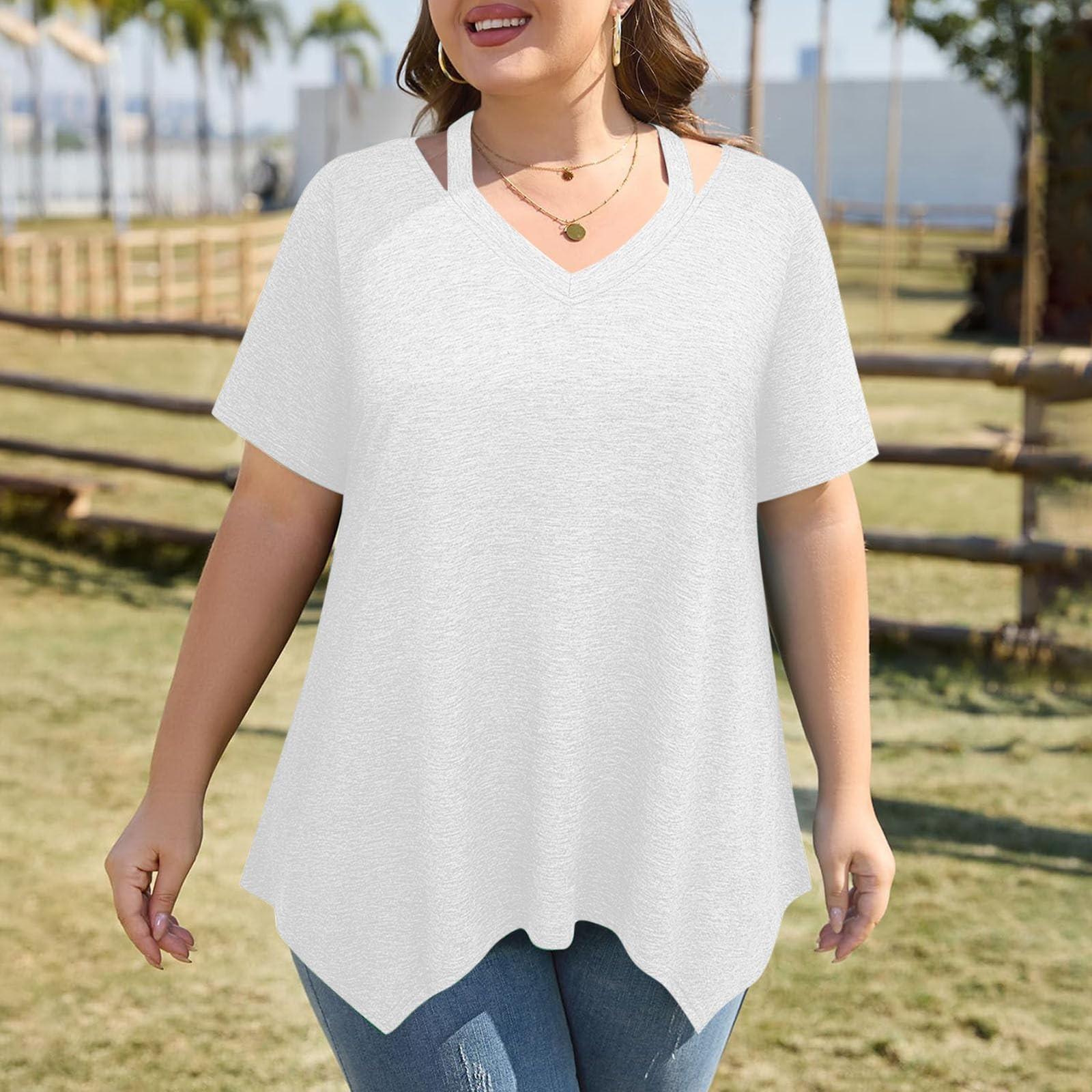 

Женская футболка больших размеров с V-образным вырезом, короткими рукавами, повседневная свободная, с неровным подолом XL белый