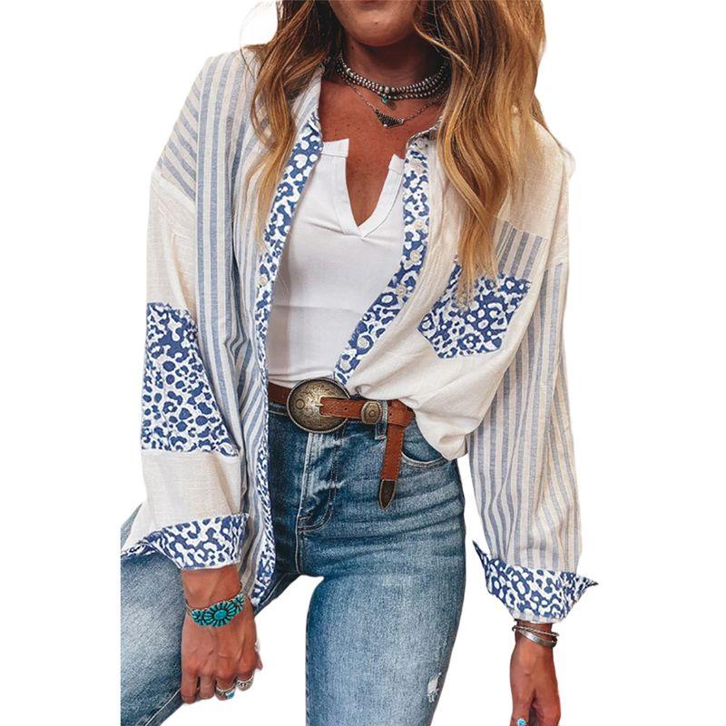 

American Shiying Autumn New Stripe Color Matching Shirts Women 2025 Fashion Loose All-Match Single-Breasted Shirt Blue Size S fit (45.00 kg-55.00 kg