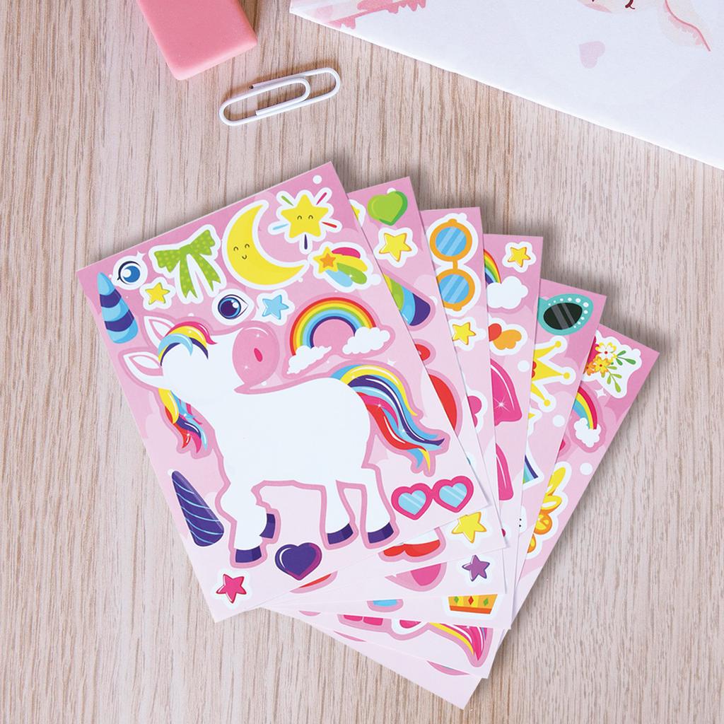 12Sheets Rainbow Horse Children DIY Puzzle Sticker Games Unicorn Birthday Party Make A Face Funny Assemble Jigsaw Stickers Gifts