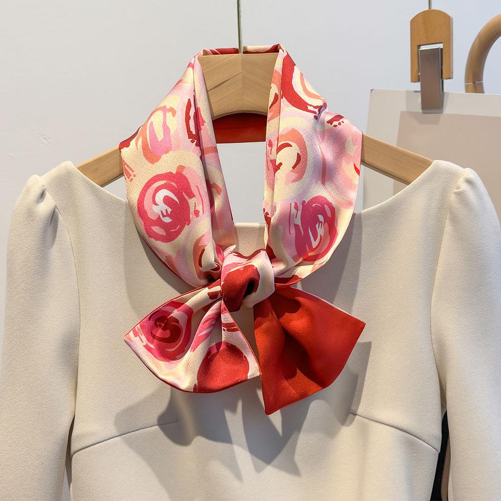 Spring Summer Choice 2025 Women's Satin Silk Neckerchiefs Bright Color Thin Narrow Double-layer Printing Long Ladies Neck Scarfs