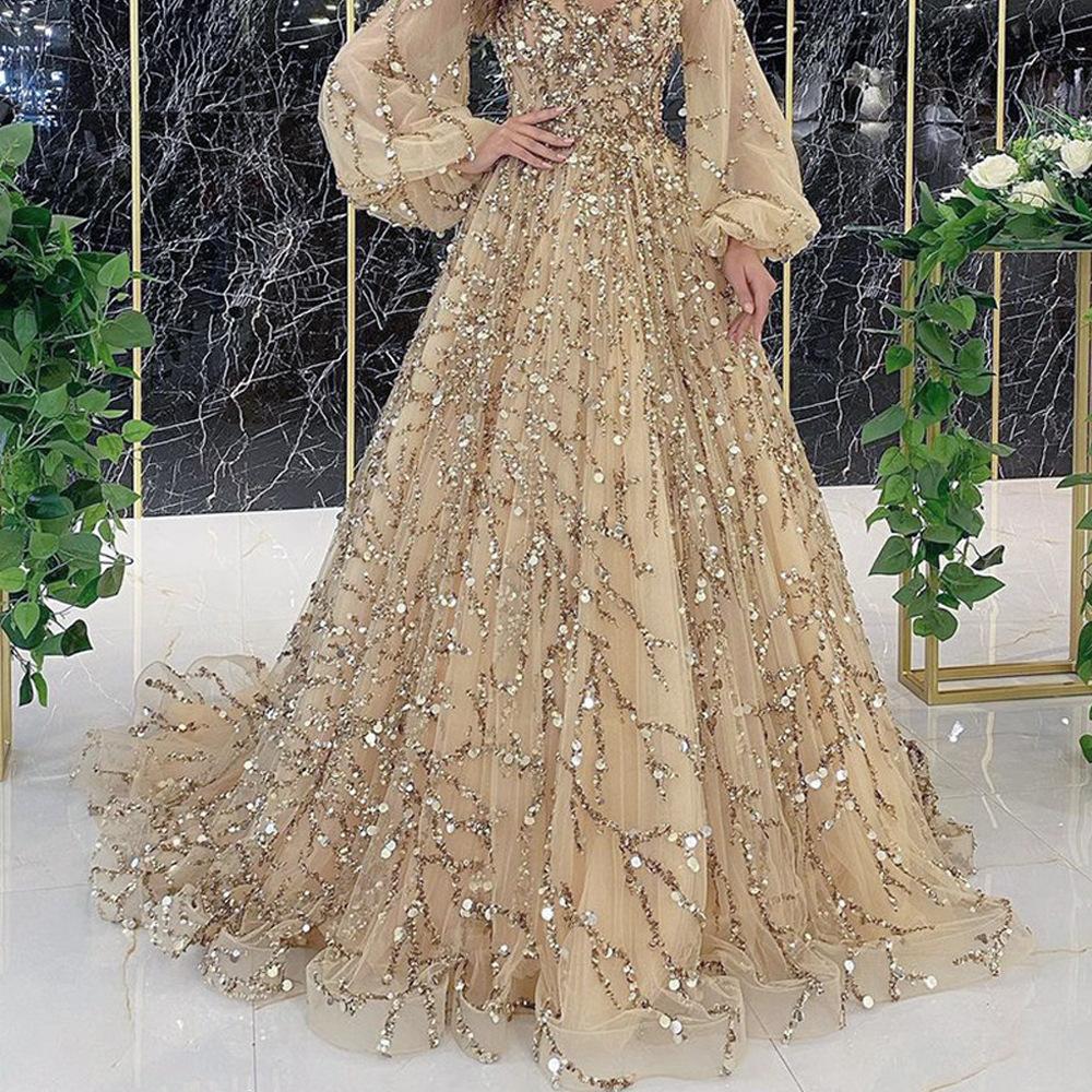 Gold Embellished Evening Gown Sexy Lady Queen Long Dress Heavy Workmanship Women's