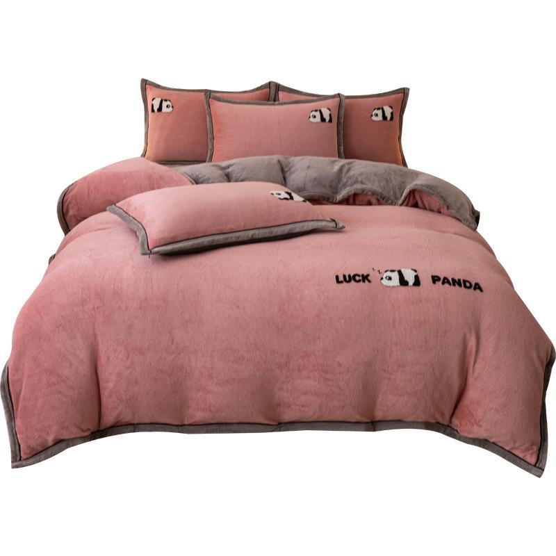 Panda Thickened Milk Fleece Embroidery Four-Piece Set Thermal Bedding Kit Student Three-Piece Set