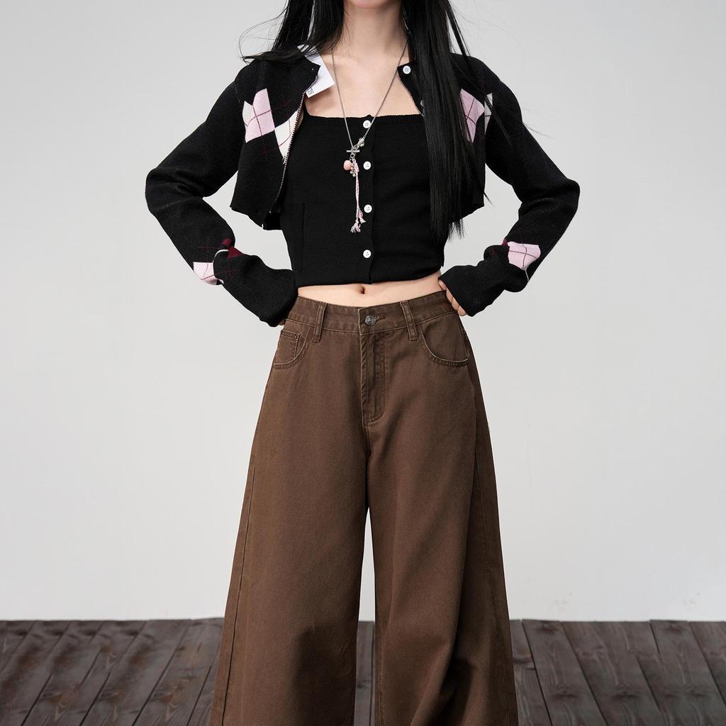 Melard Brown Wide-Leg Jeans: Women's 2026 Spring Loose Drape Casual Pants