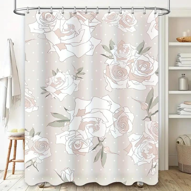 Luxury Floral Print Shower Curtain For Bathroom Decor Neutral Pink, White And Green Colors Water Repellent Fabric Waterproof Bat