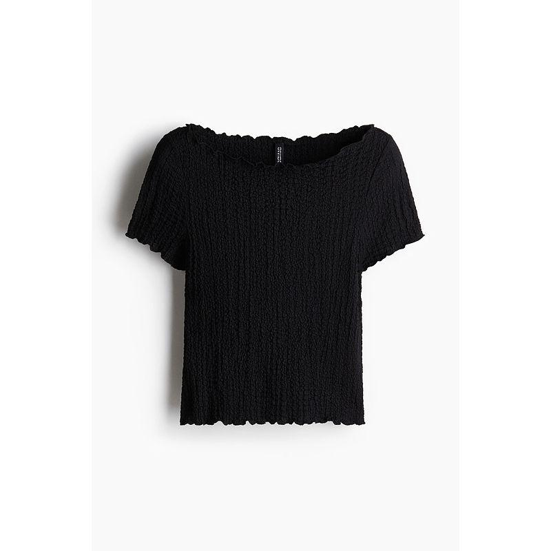 

HM Women s T-shirt 2025 Autumn New Arrival Wave Style Wear off-Shoulder Silm Wrinkle Short Sleeve Tops 1273062