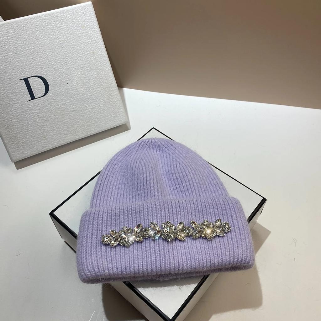 2024Mode Damen Wintermütze Echtes Kaninchenfell Gestrickte Mützen Diamanten Blume Damen Freizeit Hüte Warme Wolle Skullies Beanies