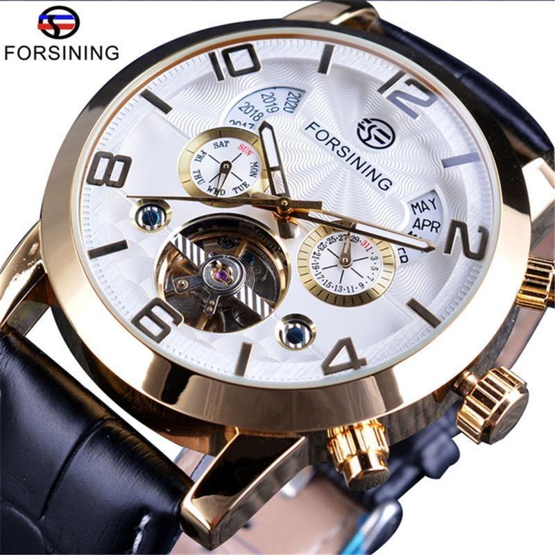 FORSINING Men's Tourbillon Mechanical Watches Calendar Automatic Movement Genuine Leather Strap Wrist Watches