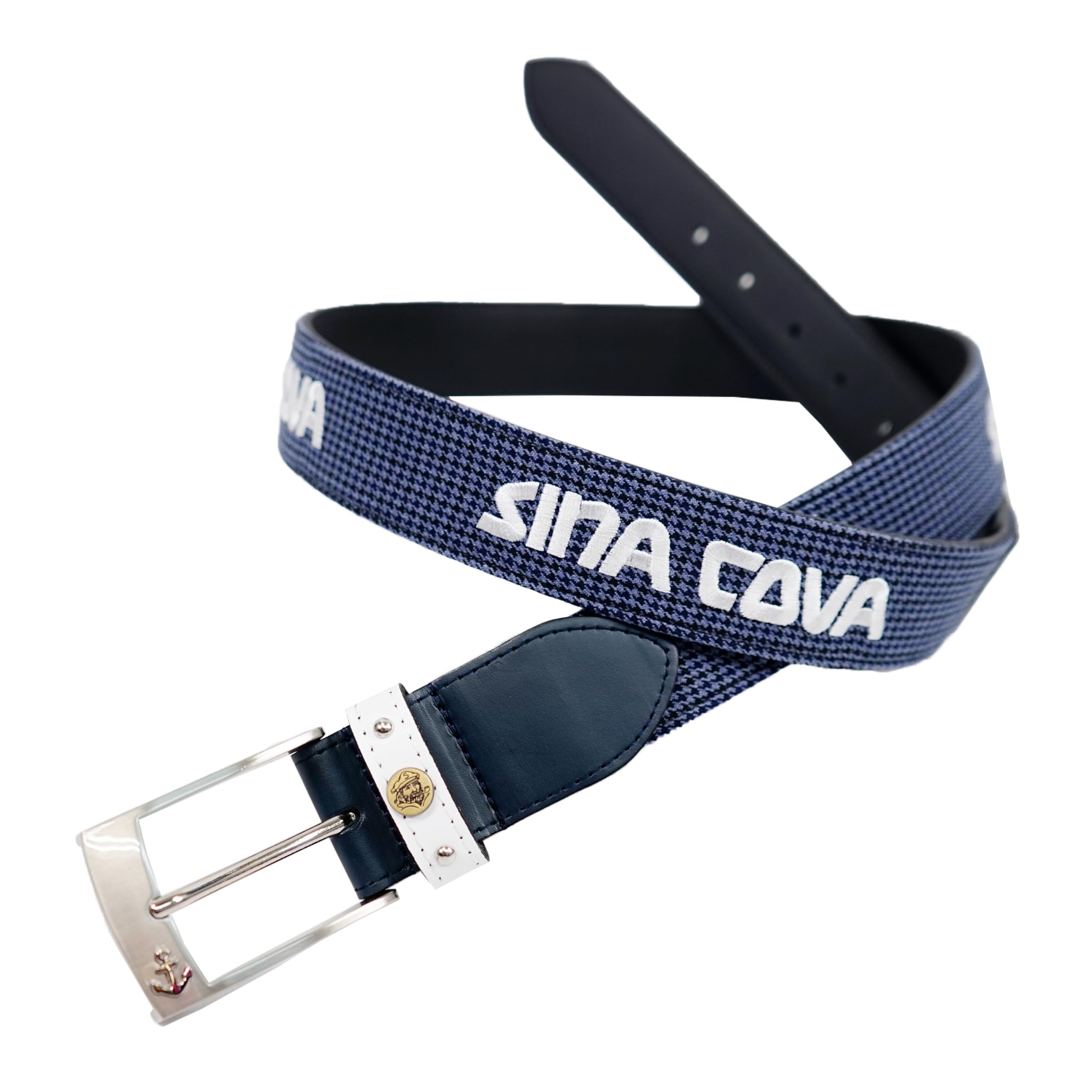 

Sinacova Men s Belt, Polyester and Cowhide, 35mm Wide, Fits Waist Sizes up to 105cm, Houndstooth Check, Embroidered Logo, 24276010 (Navy)