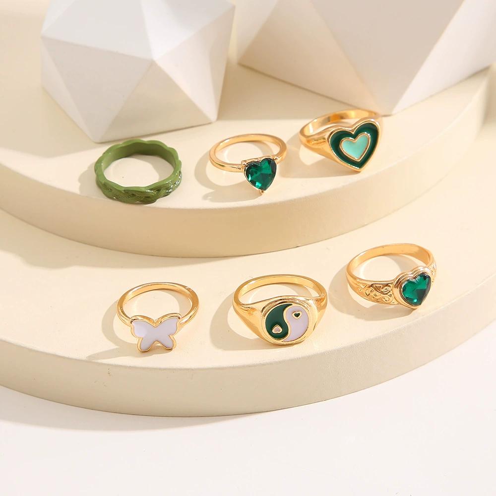 Bohemia Colorful Enamel Kunckle Ring Set For Women Crystal Heart Butterfly Flower Resin Finger Ring Female Fashion Jewelry