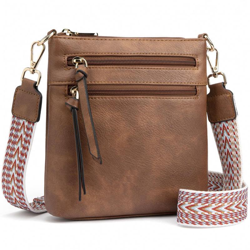 Women’s PU Leather Crossbody Bag Wide Woven Strap Multi Pocket Shoulder Bag Large Capacity Casual Messenger Purse