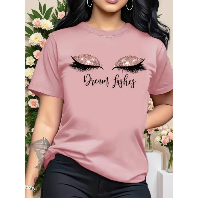 Eyelash and Dream Abstract Portrait Pattern Printed T-shirt, Short Sleeve Round Neck Casual Top, Summer and Spring, Women s Wear S