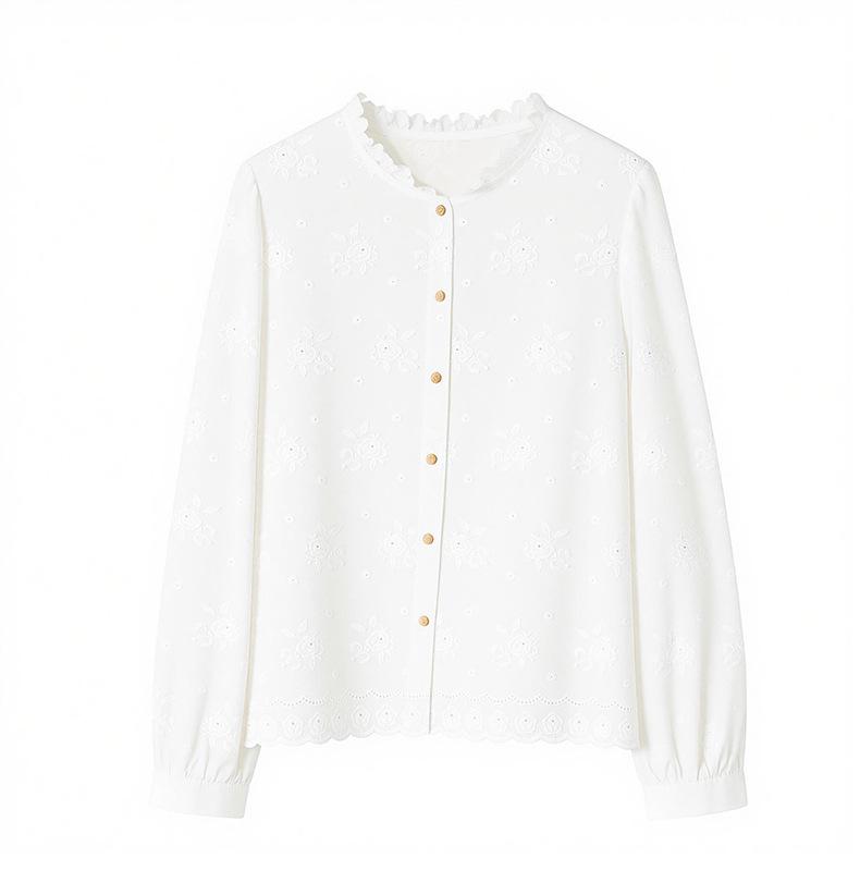 Women's Elegant Apricot Embroidered Cotton Long Sleeve Shirt with Wood Ear Collar - 2026 Spring Collection