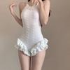 Lotus leaf lace one-piece swimsuit with French pearl decoration for slimming soaking in hot spring swimsuit