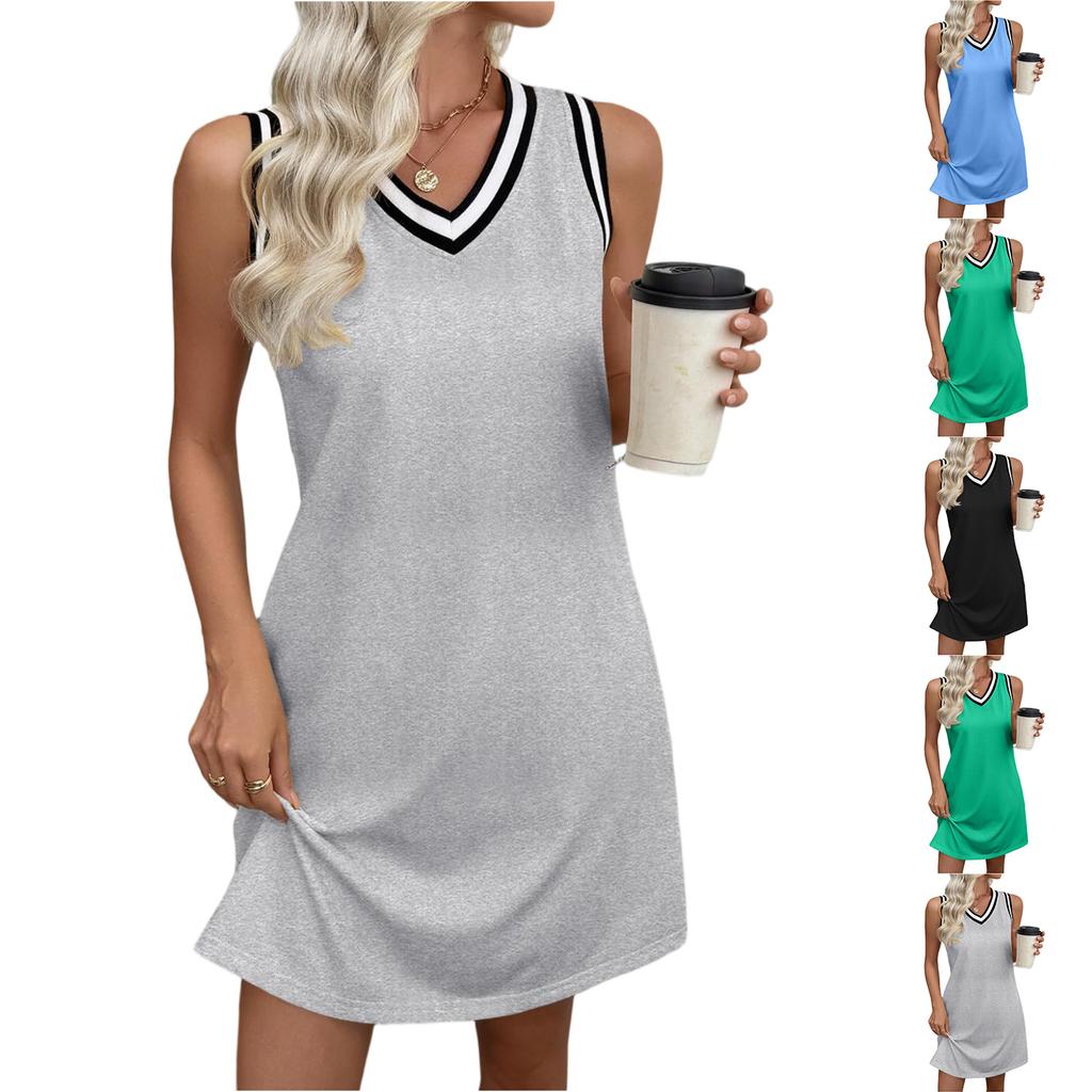 Women Sleeveless V Neck Casual Dress Trim Loose Fit Summer Mini Dress for Daily Wear Office Travel Beach