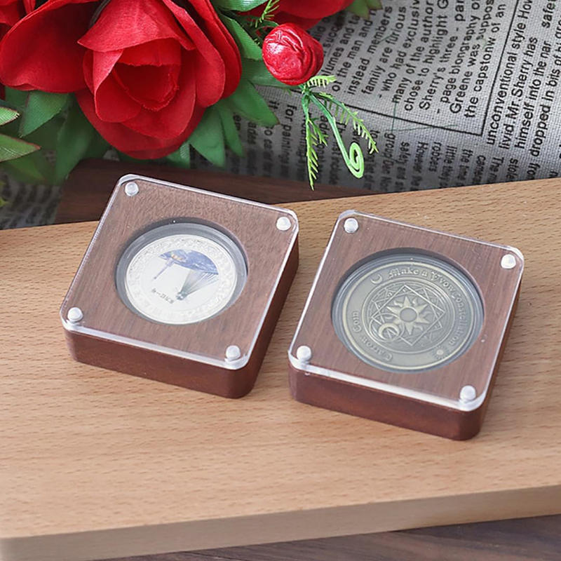 Boîte de présentation pour capsules de pièces en bois avec couvercle transparent Support de rangement compact pour pièces Étui de présentation pour dollar en argent