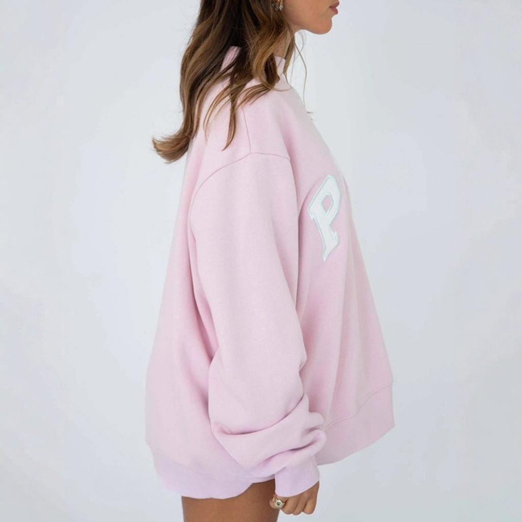 Damen Kapuzenpullover mit Stehkragen, langen Ärmeln, lockerem Schnitt, Buchstabenstickerei, Rosa, Lässiges Oberteil