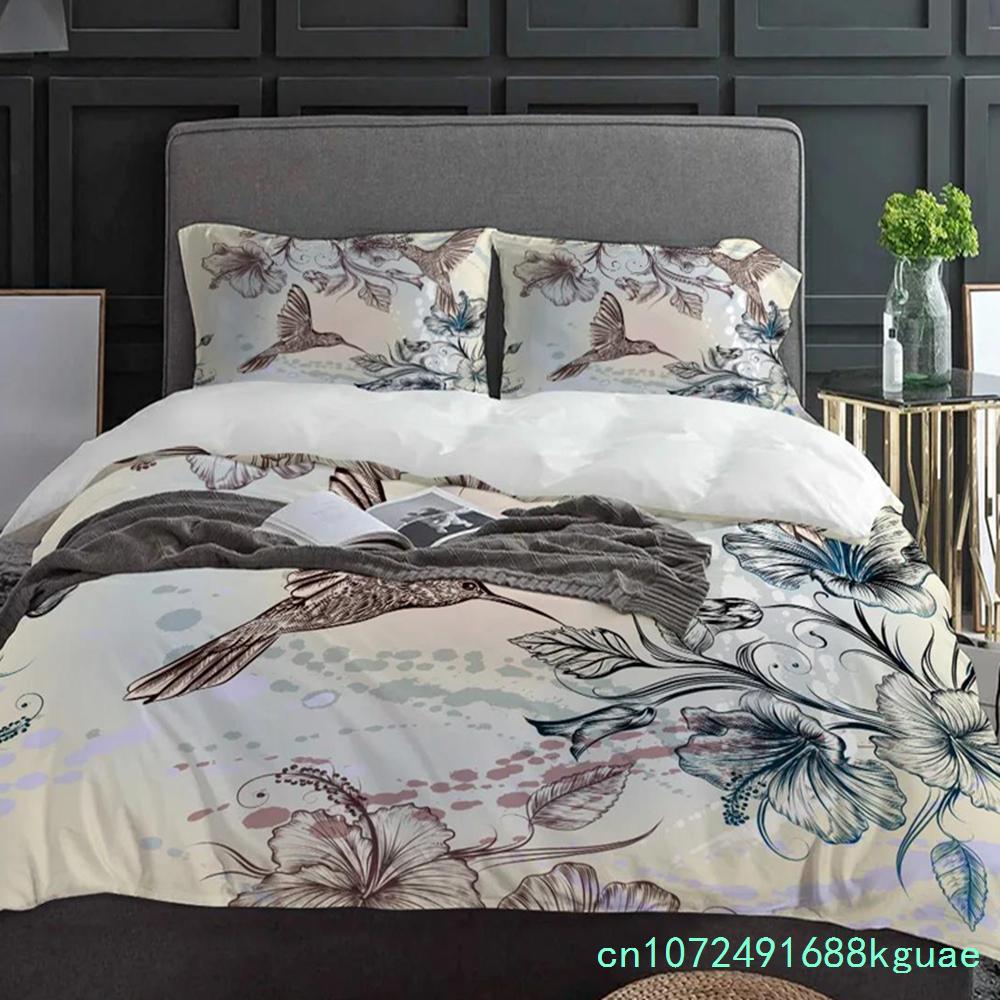 Set Biancheria da Letto Retro 3 Pezzi Colibrì Fiori di Ibisco Copripiumino Federa Bambini Adulti Copripiumino Set Letto Matrimoniale Tessile per la Casa