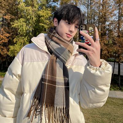Men's Winter Couple Plaid Korean Style Versatile Student Neck Warmer Thickened Warm Neck Protection Scarf