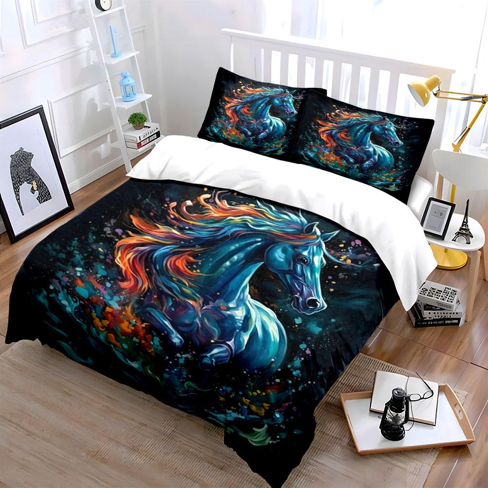 Colorful Horse Canvas Art Set Multiple Sizes Kid'S And Adults' Bedroom Exquisite 3Pc Bedding Set, Gift